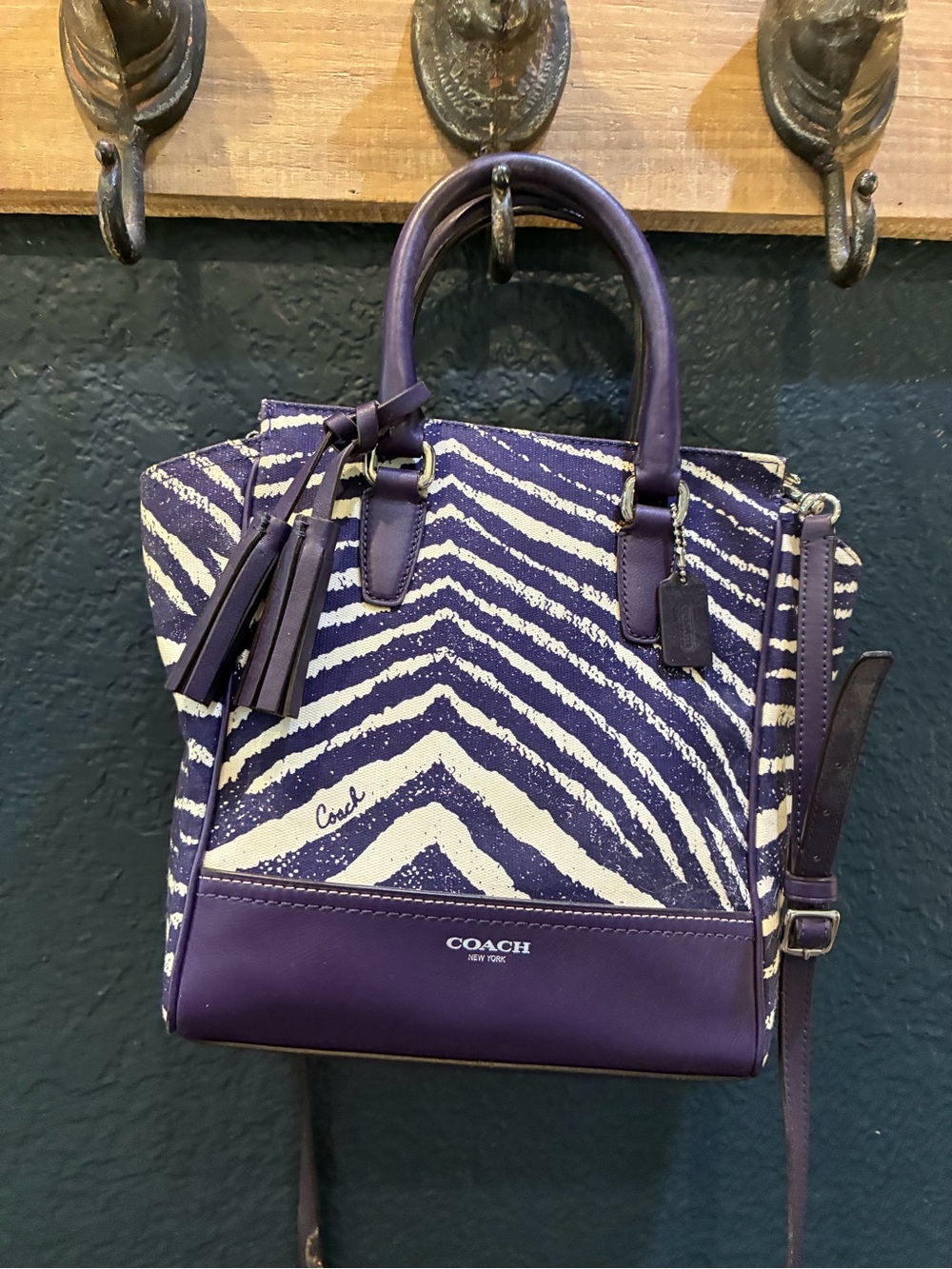 Coach Purple and White Zebra-Print Leather Satchel with Removable Strap
